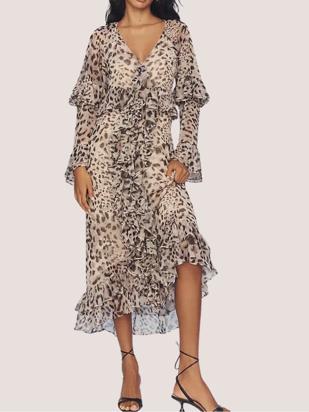 Sassy Boho Walter Baker Alicia Long-Sleeve Chiffon Ruffle Dress in Tibet Leopard